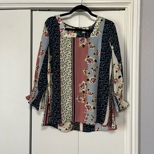 EST 1946 Patchwork Floral Print Long Sleeve Blouse Top Women's Size L